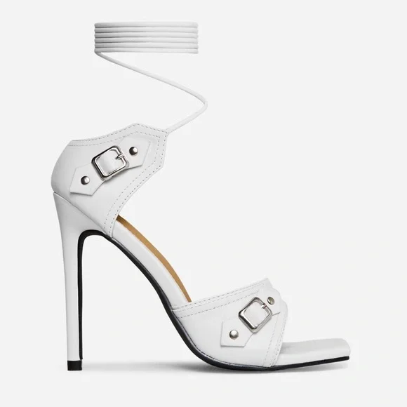 Free Gift With Purchase-White square toe silver buckle ankle strap heel - Picture 5 of 8